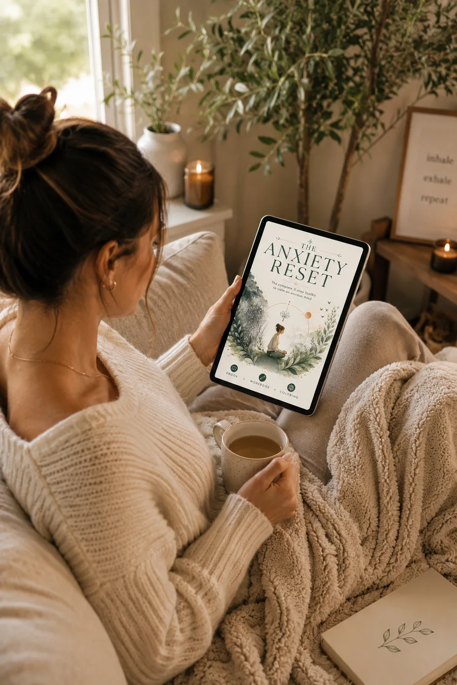 A woman relaxing at home with The Anxiety Reset on her tablet
